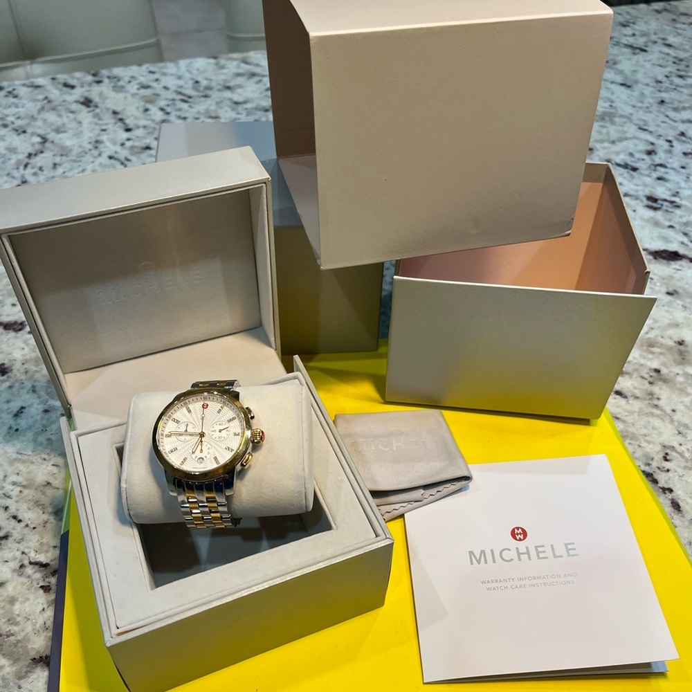 MICHELE Uptown Two-Tone  28 Diamond Dial Chronograph Bracelet Ladies Watch 1606